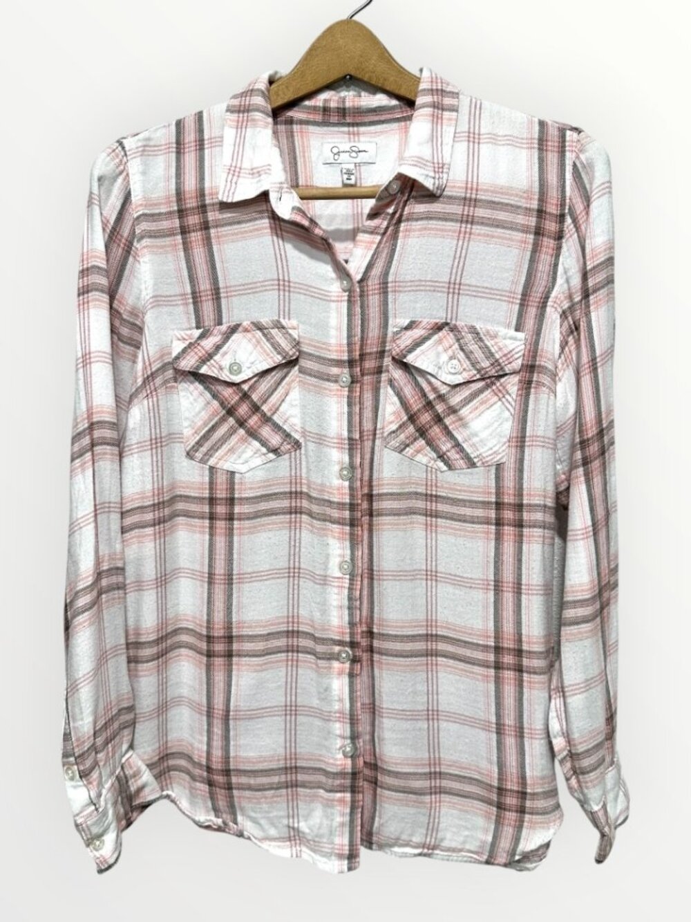 Jessica Simpson Womens Plaid Button-Up Shirt Long Sleeve Pink Multicolor Size L